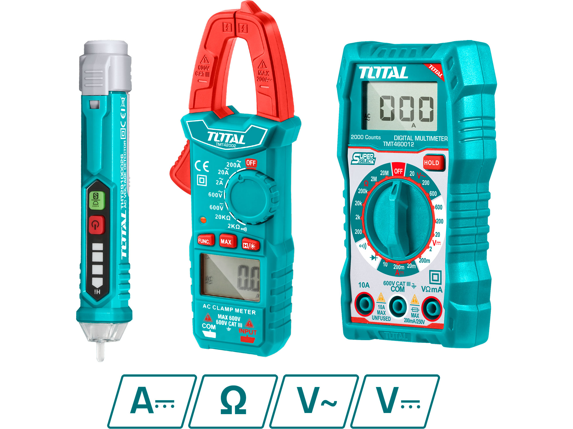 Sæt bestående af digitalt multimeter, klemmemultimeter og AC-spændingstester, Total Sæt bestående af digitalt multimeter, klemmemultimeter og AC-spændingstester, Total